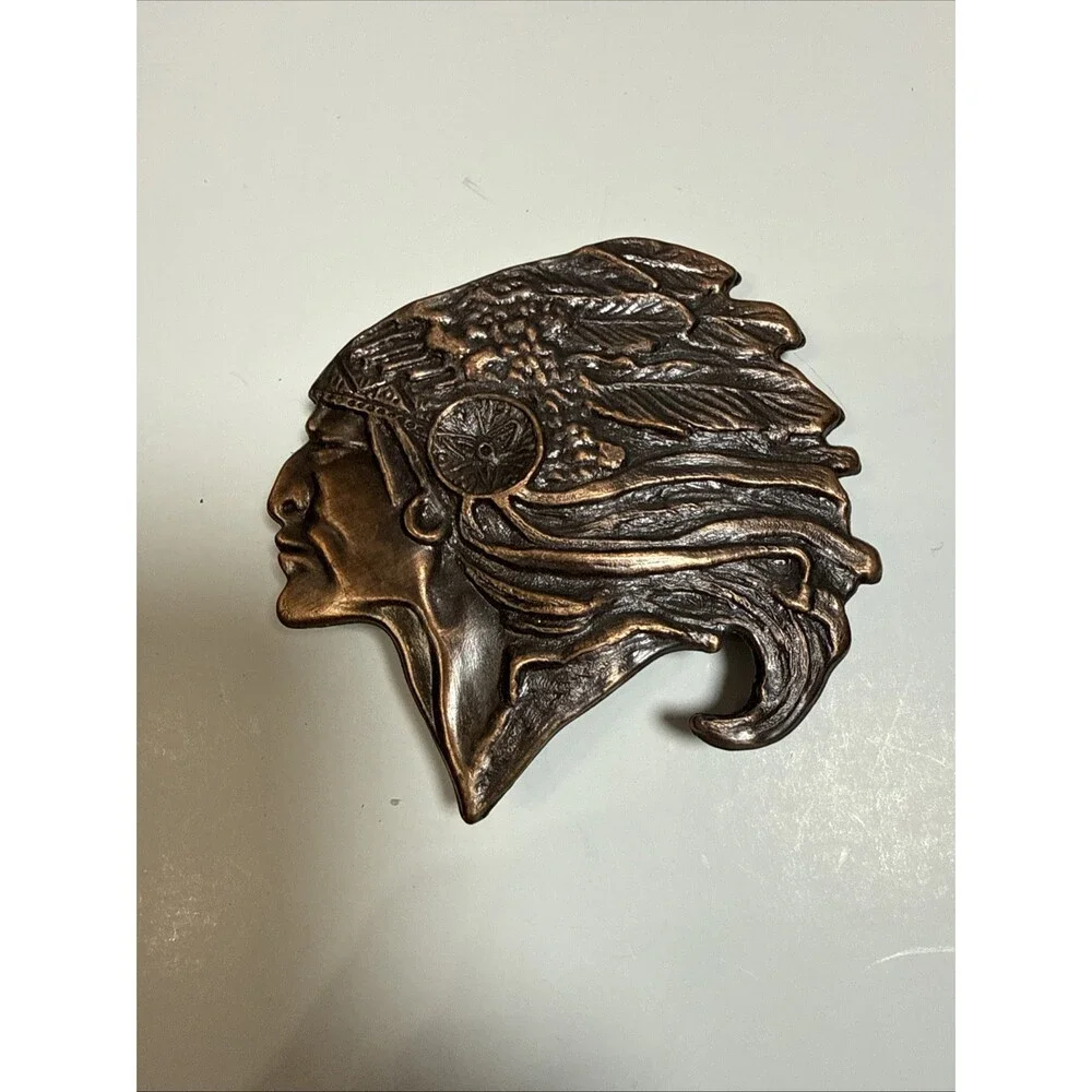 Vintage Brass Indian Head Belt Buckle Western Americana Native American